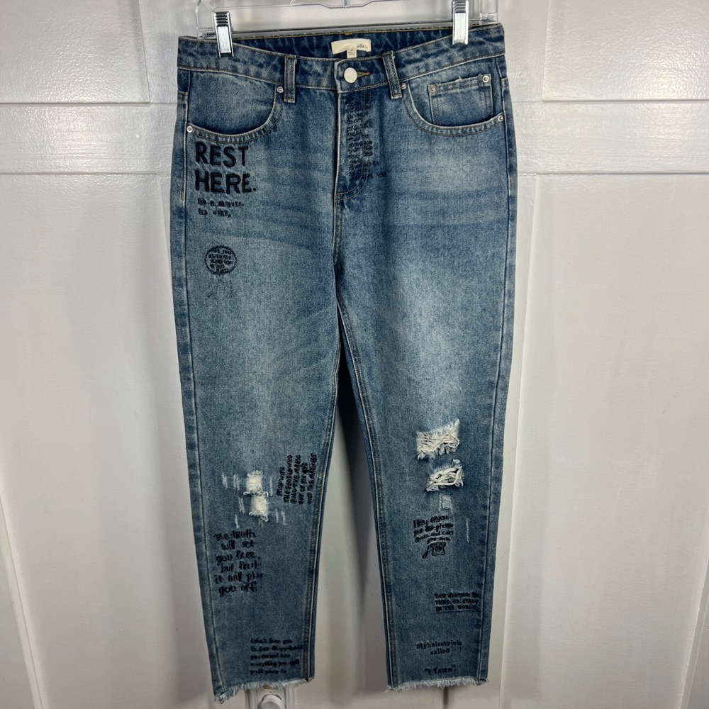 Jella C. Graphic Print Distressed Straight Leg Jeans Medium Wash Blue Size M